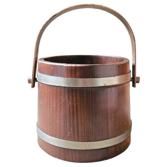 VTG Baskettville Putney VT Firkin Wood Ice Bucket Barrel Style Lid Liner Handle - Picture 10 of 13